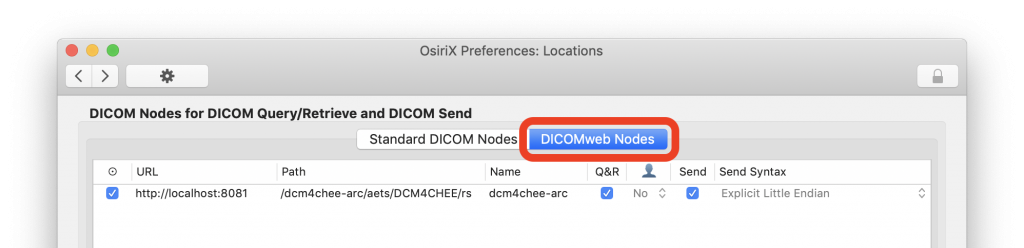 The DICOMweb nodes list of OsiriX MD